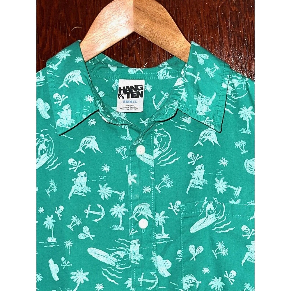 HANG TEN SHIRT SURFBOARD SKULL ANCHOR PALM PRINT EMBROIDERED FEET GREEN SMALL S